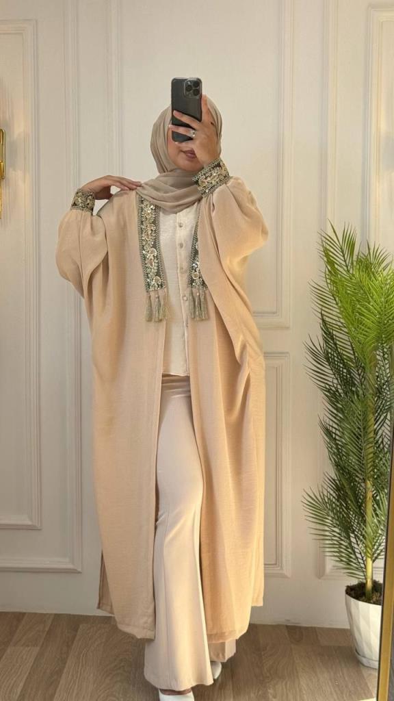 Wide and wide abaya for veiled women for summer and spring, model G1017 - Beige