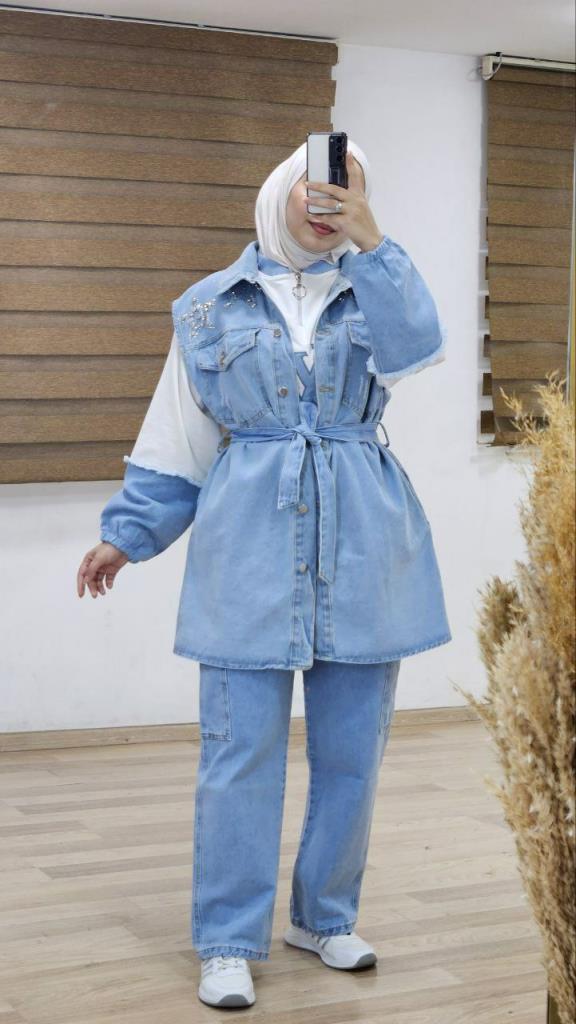 New season women's winter stylish and comfortable 3-piece denim set model G1079 - Light Blue