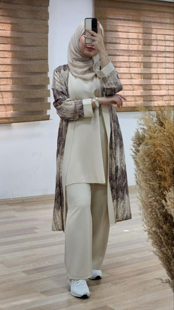 Three-piece set for veiled women for occasions, model G1093 - KAHVE RENGİ