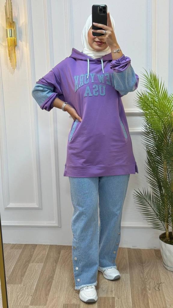 Cotton and jeans pajamas for veiled women, model G1171 - Lilac