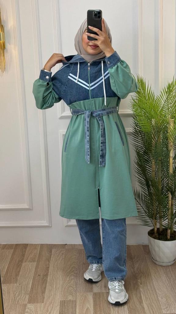 Elegant outfit for veiled women for occasions, jeans + cotton, model G1178 - Green