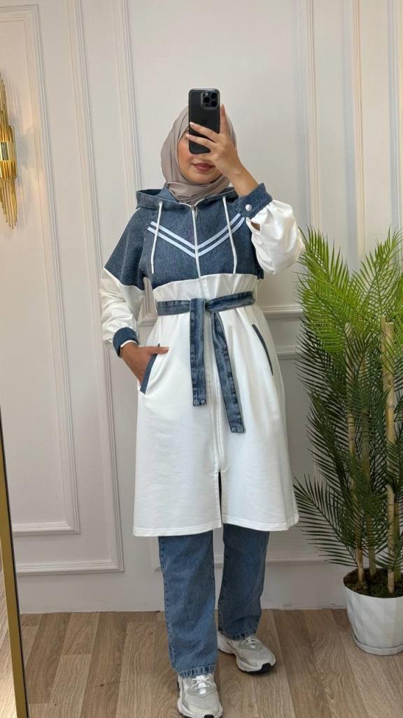 Elegant outfit for veiled women for occasions, jeans + cotton, model G1178 - BEYAZ