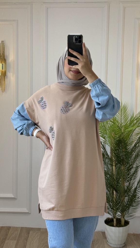 A comfortable and stylish blouse for hijabis, featuring a unique design perfect for everyday looks model G1187. - Beige