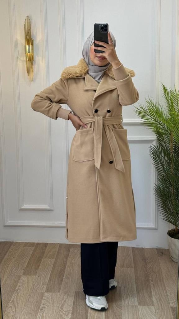 new season women's winter fur trench coat casual cut model G1205 - AÇIK KAHVE