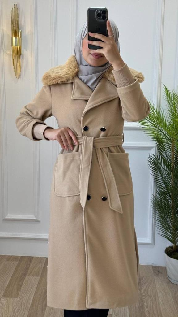 new season women's winter fur trench coat casual cut model G1205 - AÇIK KAHVE