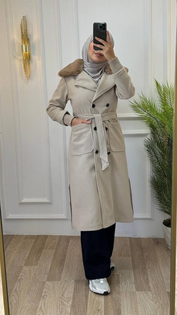 new season women's winter fur trench coat casual cut model G1205 - Beige