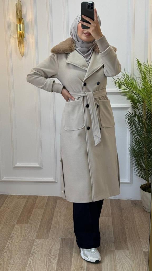 new season women's winter fur trench coat casual cut model G1205 - Beige