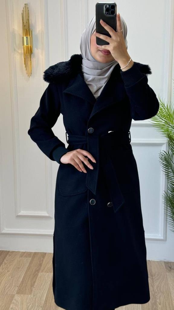 new season women's winter fur trench coat casual cut model G1205 - Black