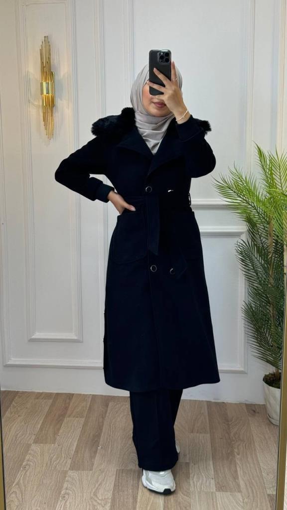 new season women's winter fur trench coat casual cut model G1205 - Black