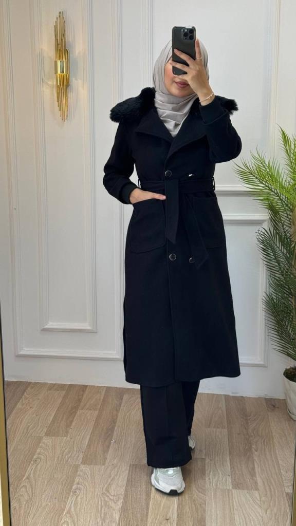 new season women's winter fur trench coat casual cut model G1205 - Black