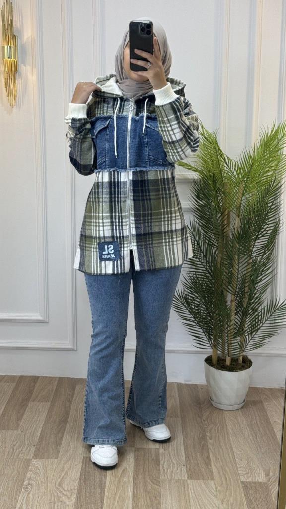 Short winter jacket, combining jeans and plaid fabric, model G1308 - ZEYTİN RENGİ