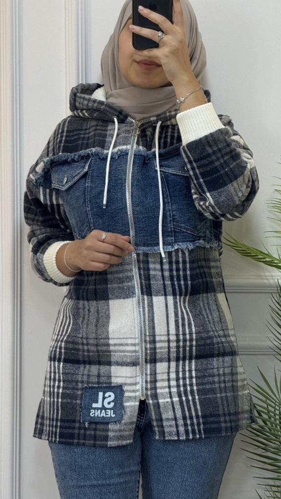 Short winter jacket, combining jeans and plaid fabric, model G1308 - Navy Blue