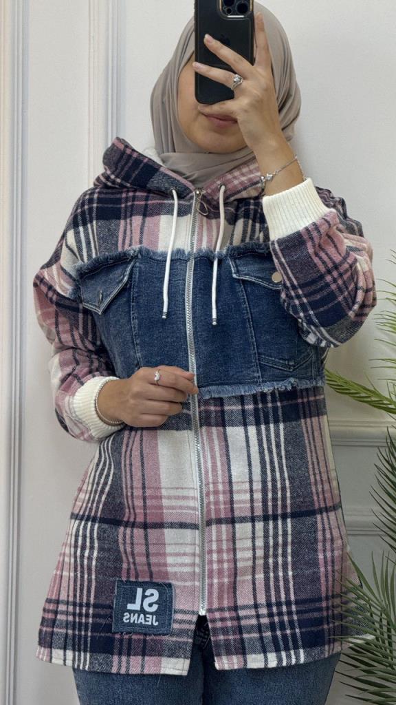 Short winter jacket, combining jeans and plaid fabric, model G1308 - Pink