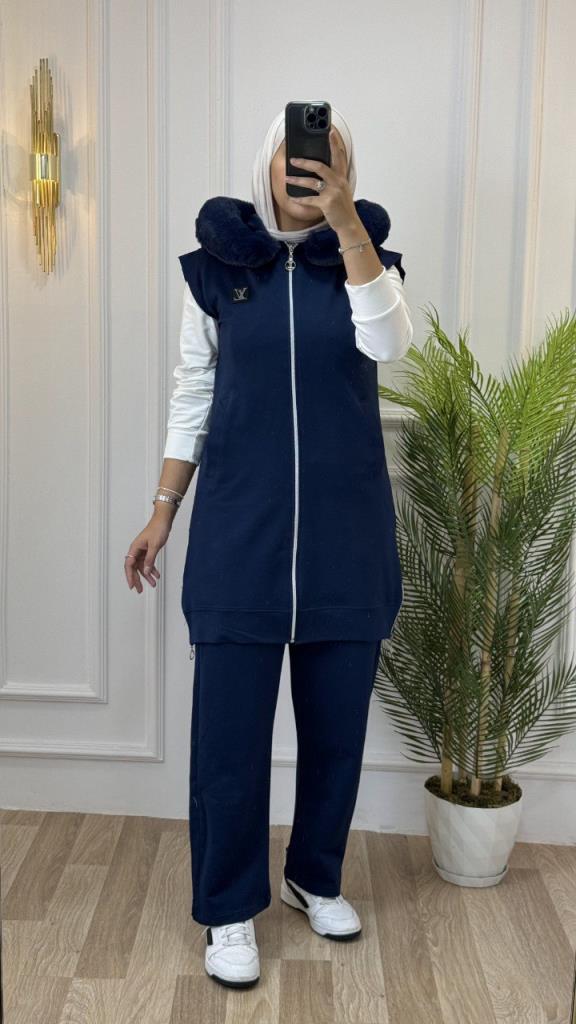 New season women's winter 3-piece home pajamas very comfortable and stylish model G1315 - Navy Blue