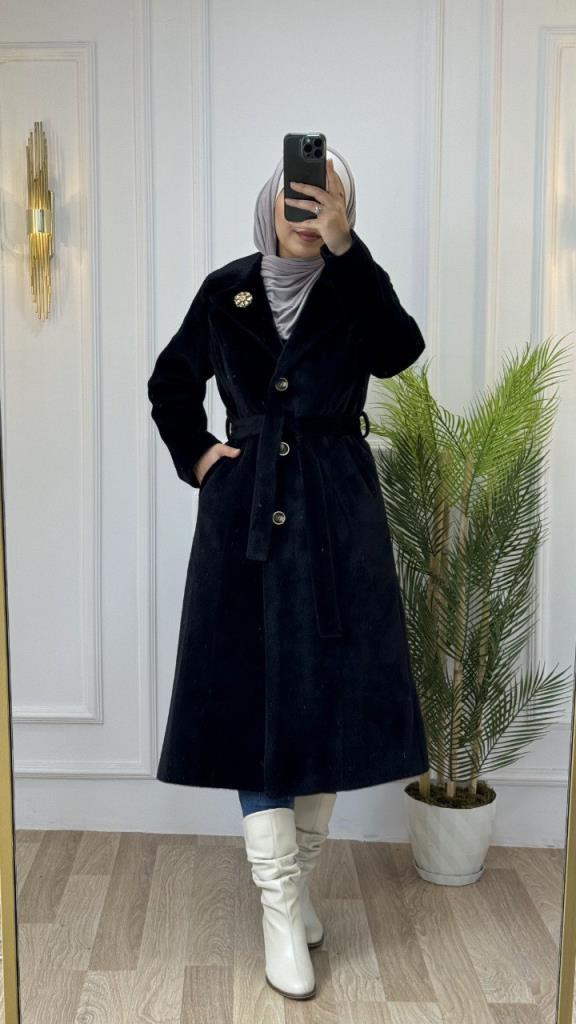 new season women's fur winter coat comfortable cut and stylish midi length model G1330 - Black