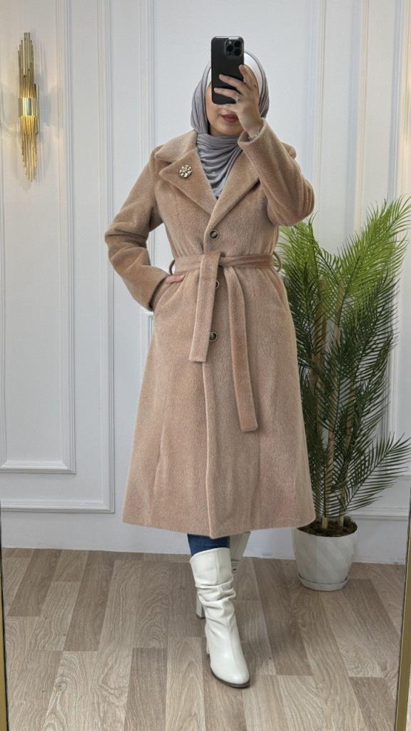 new season women's fur winter coat comfortable cut and stylish midi length model G1330 - AÇIK KAHVE