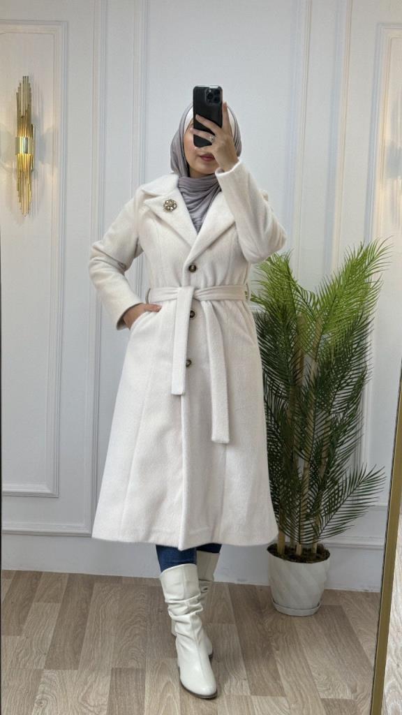 new season women's fur winter coat comfortable cut and stylish midi length model G1330 - Ecru