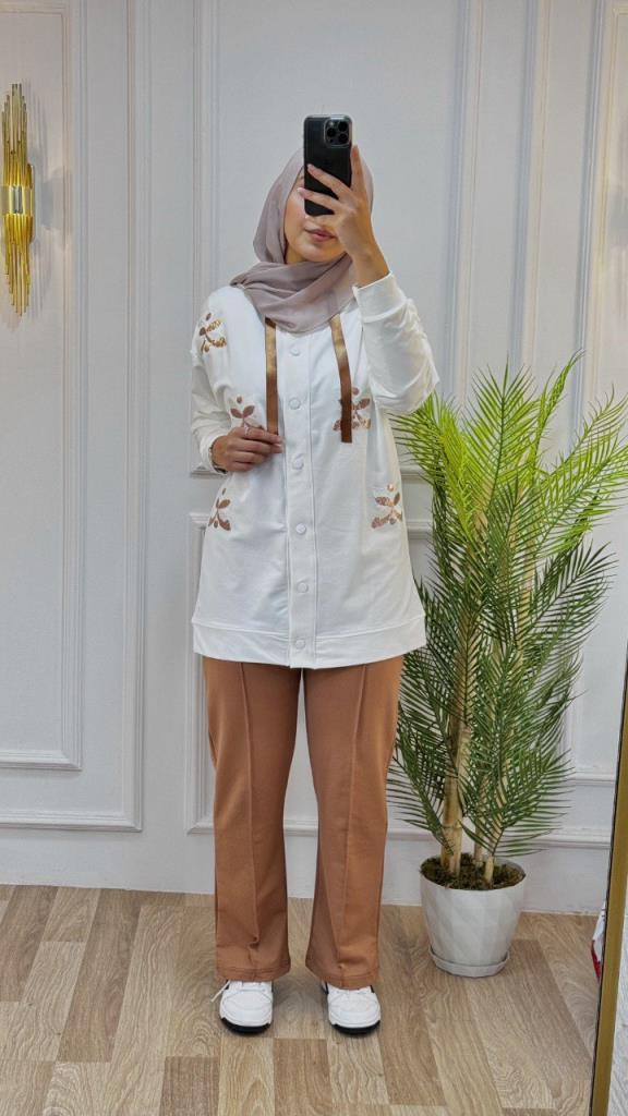 New season women's winter two-piece pajama set is hijab and suitable for daily use model G1409 - AÇIK KAHVE