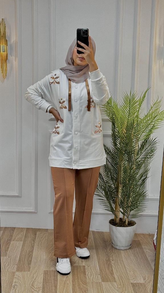 New season women's winter two-piece pajama set is hijab and suitable for daily use model G1409 - AÇIK KAHVE