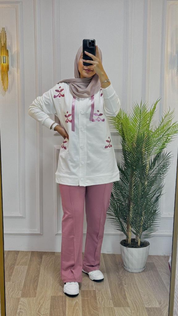 New season women's winter two-piece pajama set is hijab and suitable for daily use model G1409 - Pink