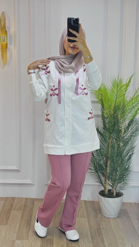 New season women's winter two-piece pajama set is hijab and suitable for daily use model G1409 - Pink