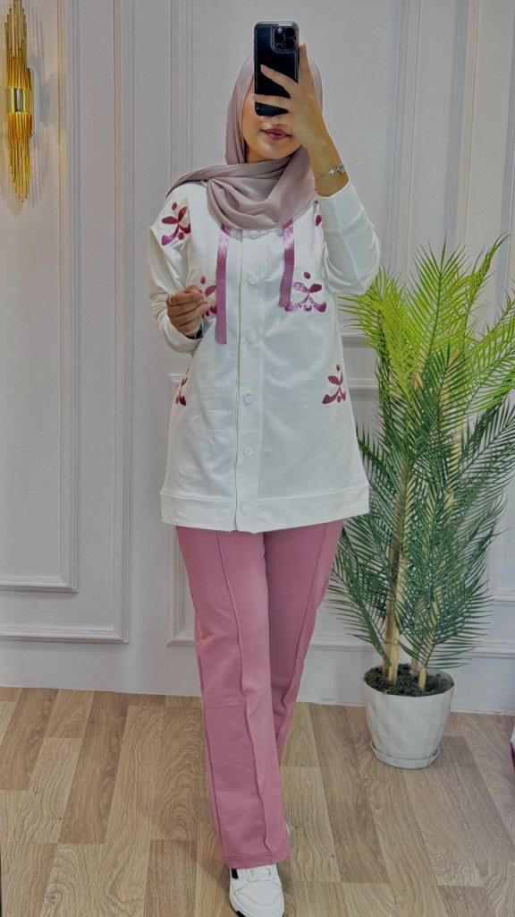 New season women's winter two-piece pajama set is hijab and suitable for daily use model G1409 - Pink