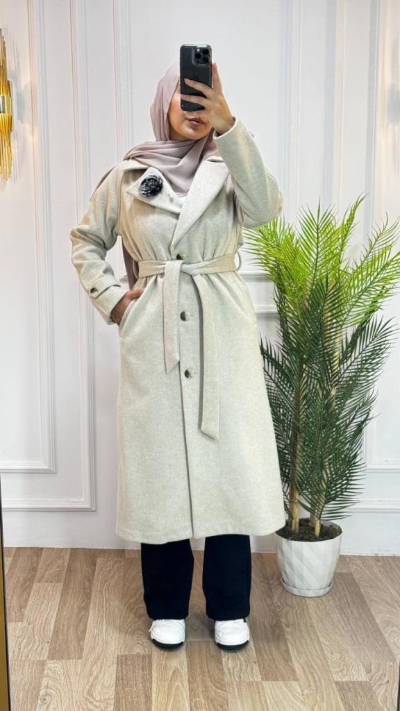 new season women's winter stylish and modern trench coat belted + buttoned model G1410 - Ecru