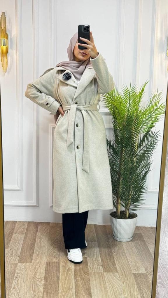 new season women's winter stylish and modern trench coat belted + buttoned model G1410 - Ecru