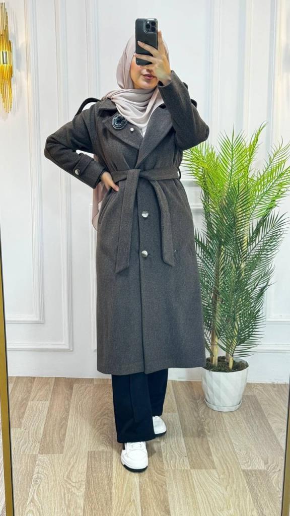 new season women's winter stylish and modern trench coat belted + buttoned model G1410 - Brown