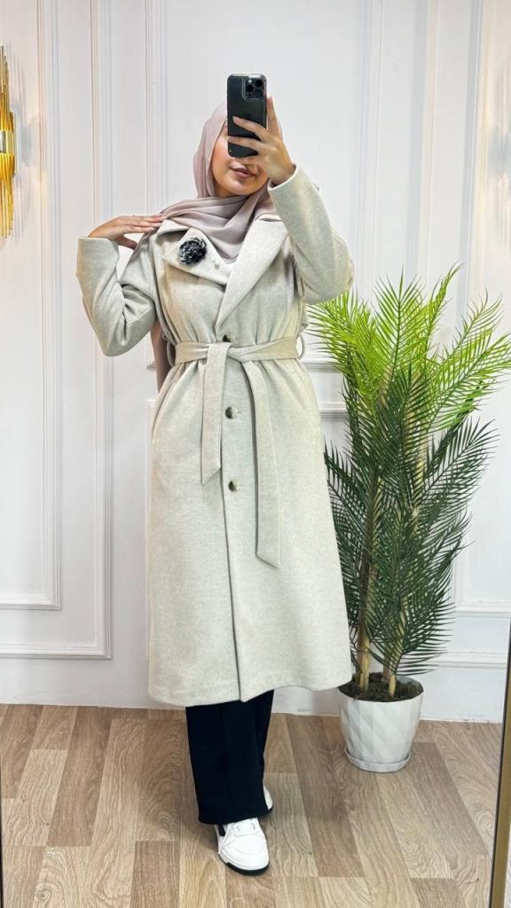 new season women's winter stylish and modern trench coat belted + buttoned model G1410 - Ecru