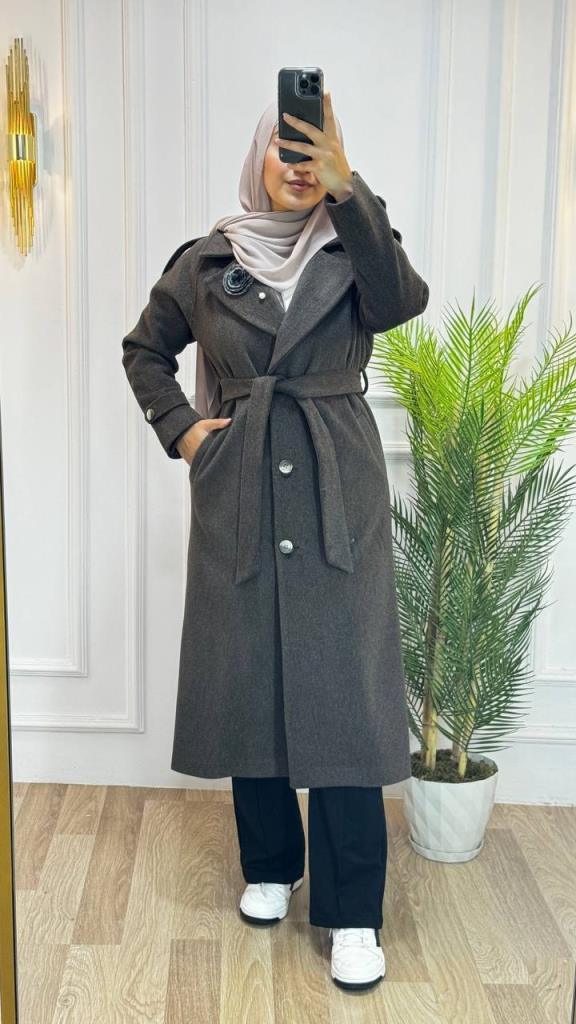 new season women's winter stylish and modern trench coat belted + buttoned model G1410 - Brown