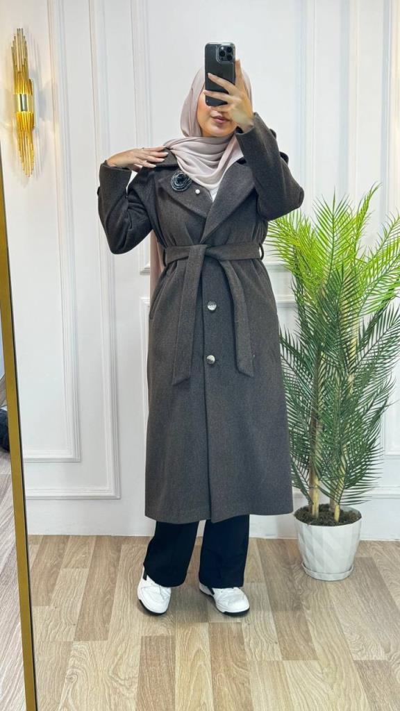 new season women's winter stylish and modern trench coat belted + buttoned model G1410 - Brown