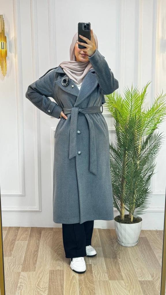 new season women's winter stylish and modern trench coat belted + buttoned model G1410 - Gray