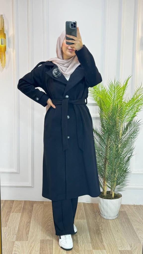 new season women's winter stylish and modern trench coat belted + buttoned model G1410 - Black