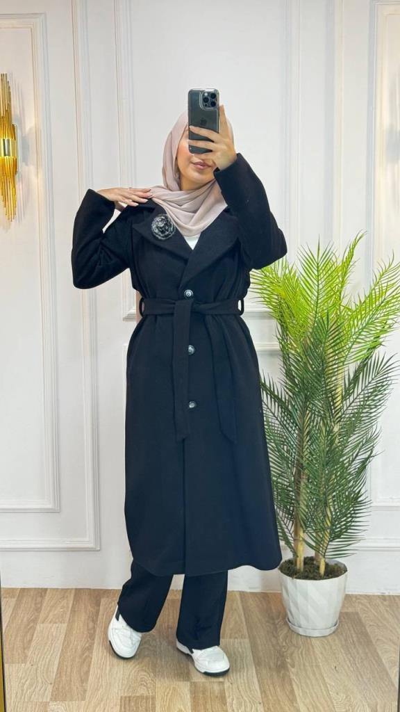 new season women's winter stylish and modern trench coat belted + buttoned model G1410 - Black