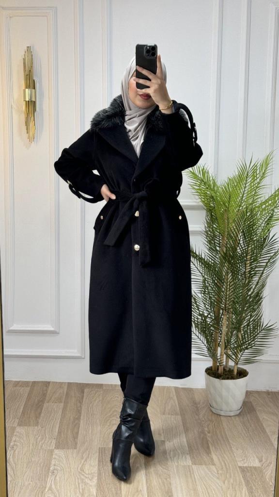 New season women's winter stylish and modern trench coat suitable for daily use fur collar model G1462 - Black