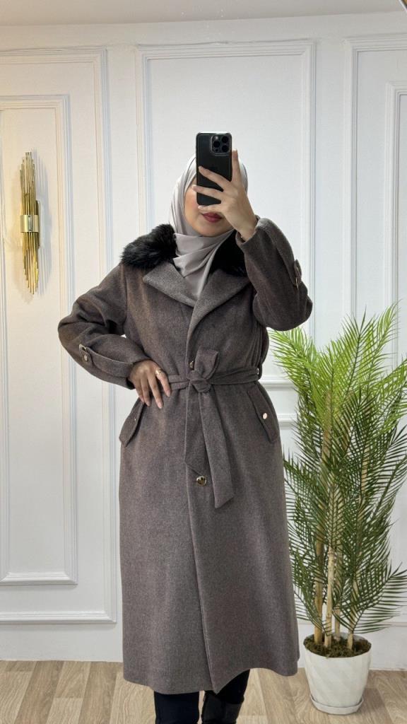 New season women's winter stylish and modern trench coat suitable for daily use fur collar model G1462 - Tan