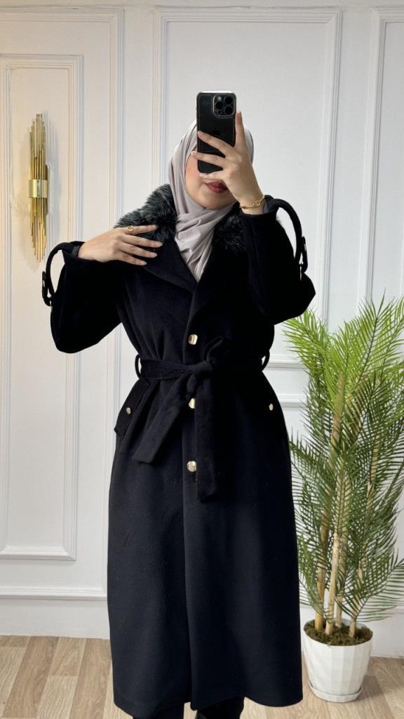 New season women s winter stylish and modern trench coat suitable for daily use fur collar model G1462 Black