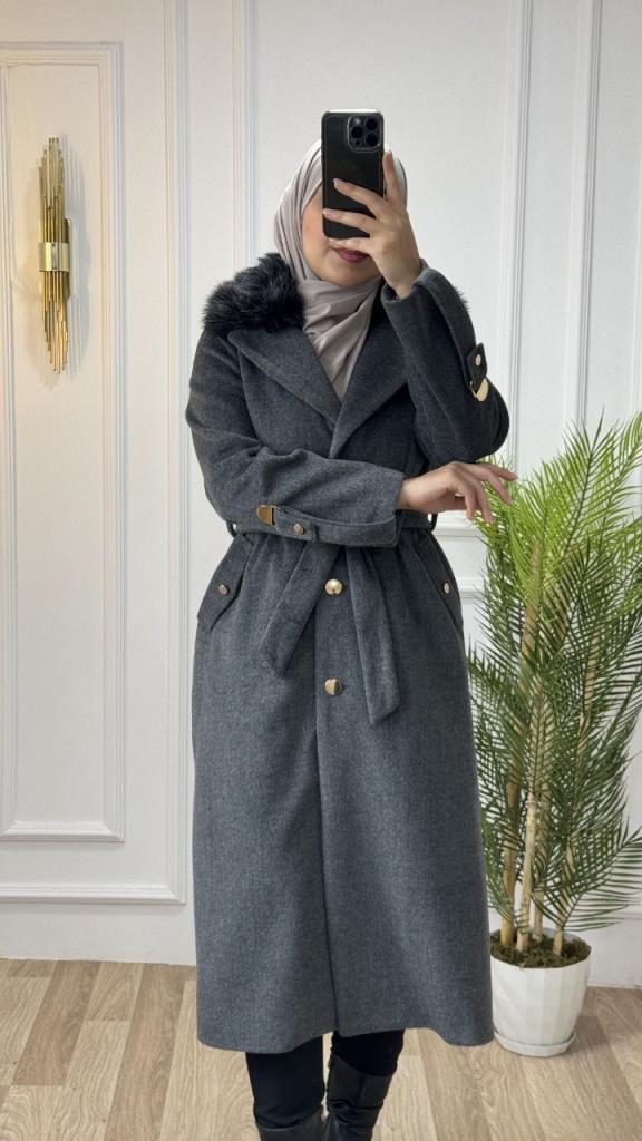 New season women's winter stylish and modern trench coat suitable for daily use fur collar model G1462 - Gray