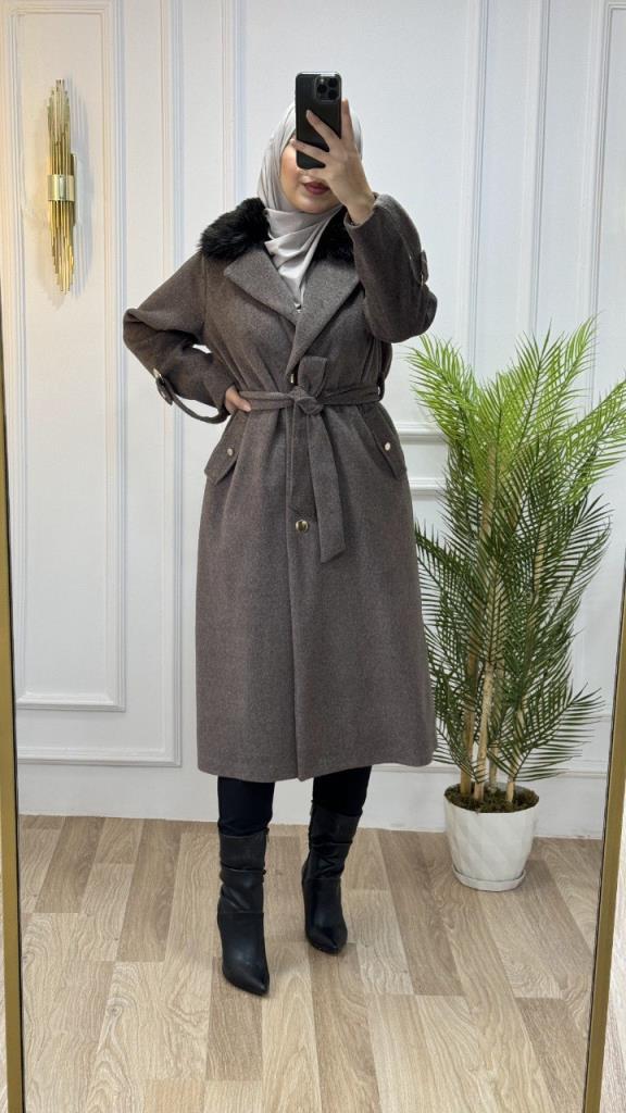 New season women's winter stylish and modern trench coat suitable for daily use fur collar model G1462 - Tan