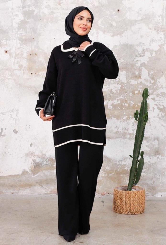 New season women's winter stylish and comfortable knitwear top and bottom set model G1508 - Black