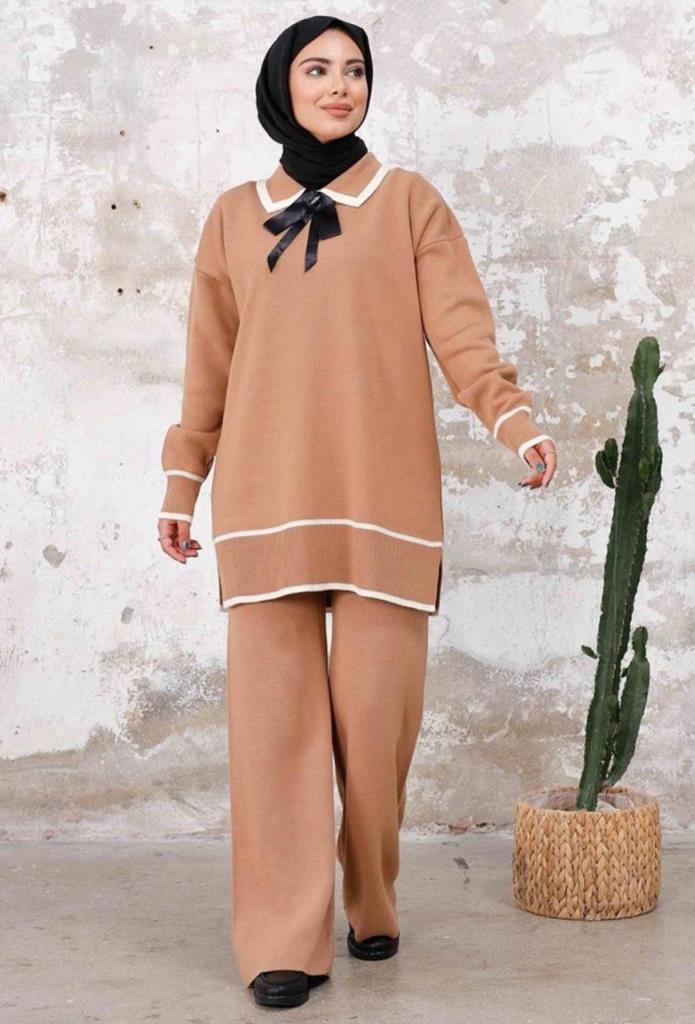 New season women's winter stylish and comfortable knitwear top and bottom set model G1508 - Beige