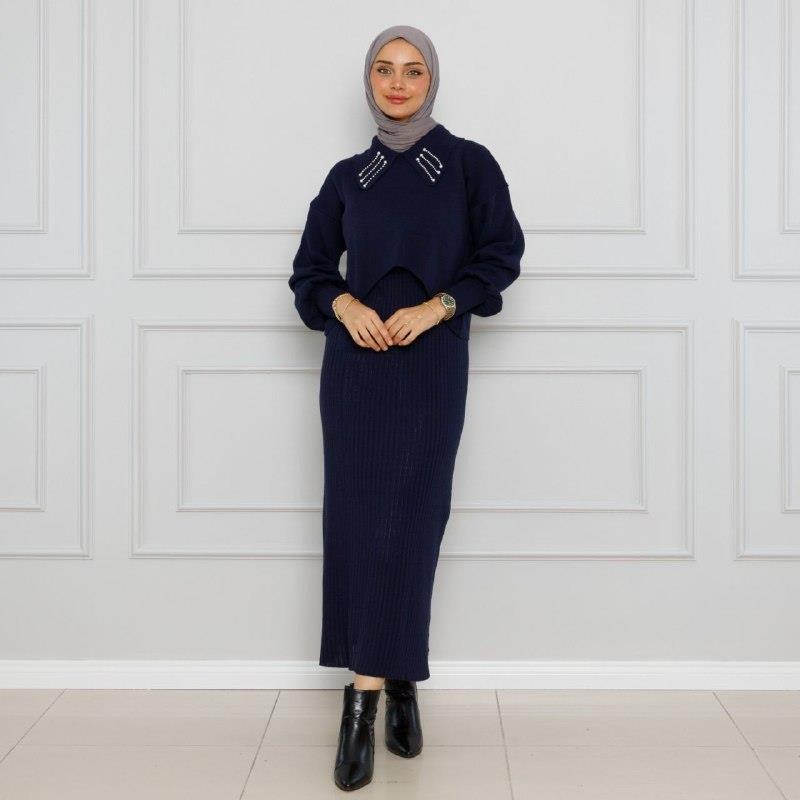 Winter wool two-piece dress for veiled women, ideal for daily looks, model G1532 - Navy Blue