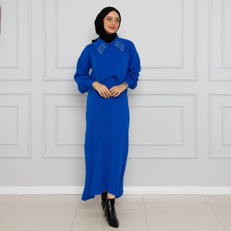 Winter wool two-piece dress for veiled women, ideal for daily looks, model G1532 - Blue