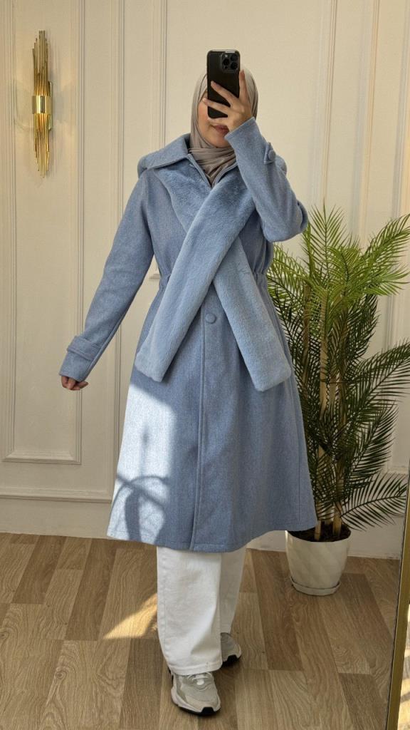 new season women's winter stylish and modern trench coat fur collar model G1562 - Light Blue