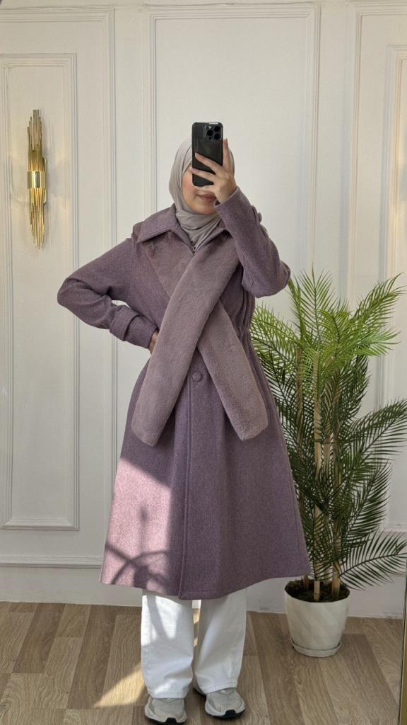 new season women's winter stylish and modern trench coat fur collar model G1562 - Lilac