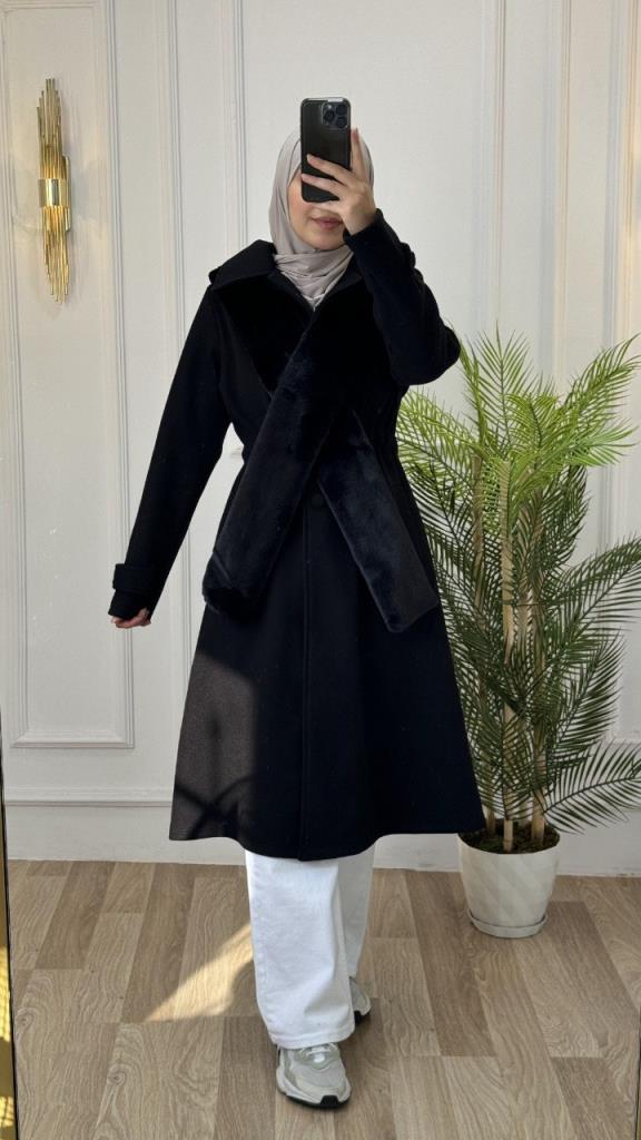 new season women's winter stylish and modern trench coat fur collar model G1562 - Black