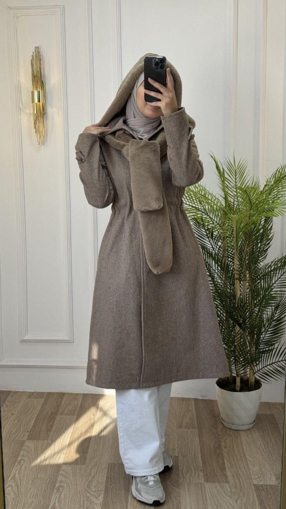 new season women's winter stylish and modern trench coat fur collar model G1562 - Tan