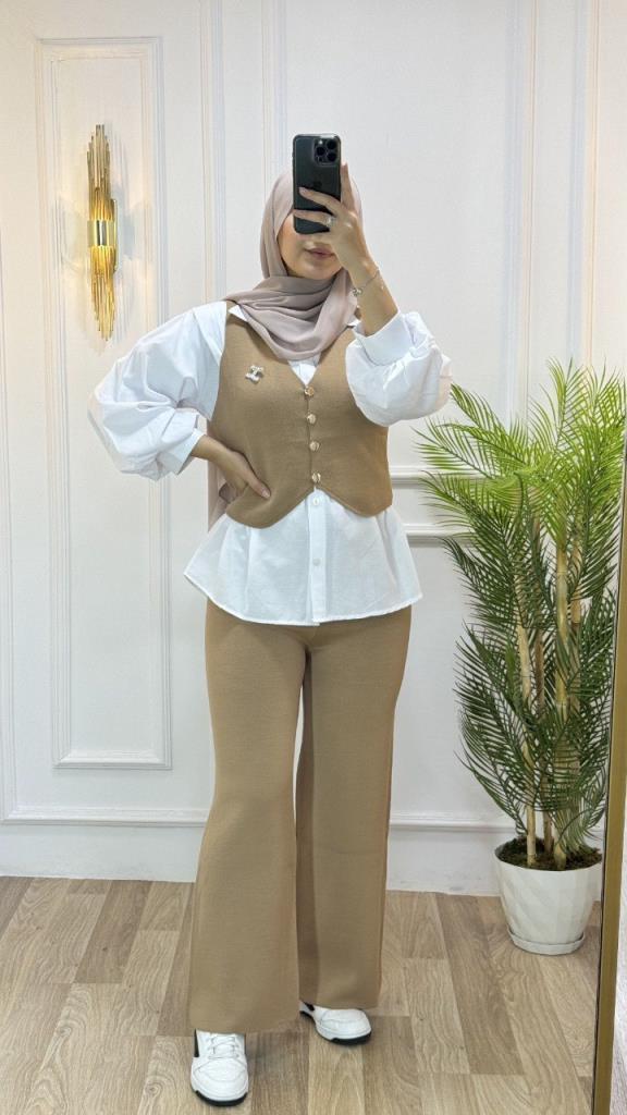 Product name: new season women's winter stylish and modern top and bottom knitwear set model G1569 - Beige