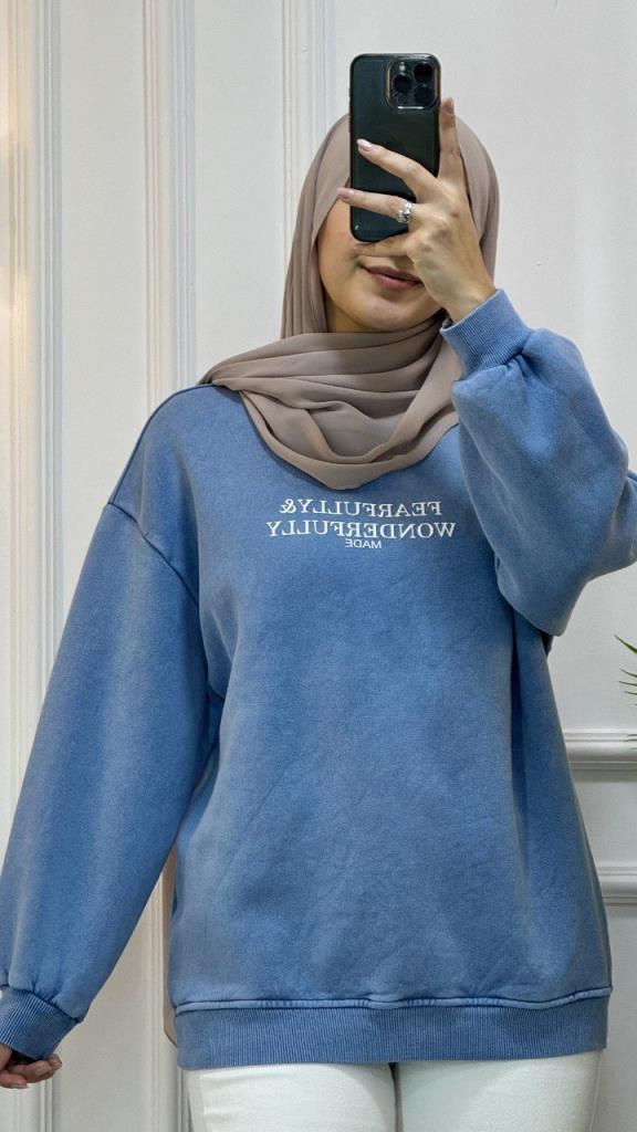 Dark grey casual winter blouse with white writing on the chest model G1589 - Light Blue